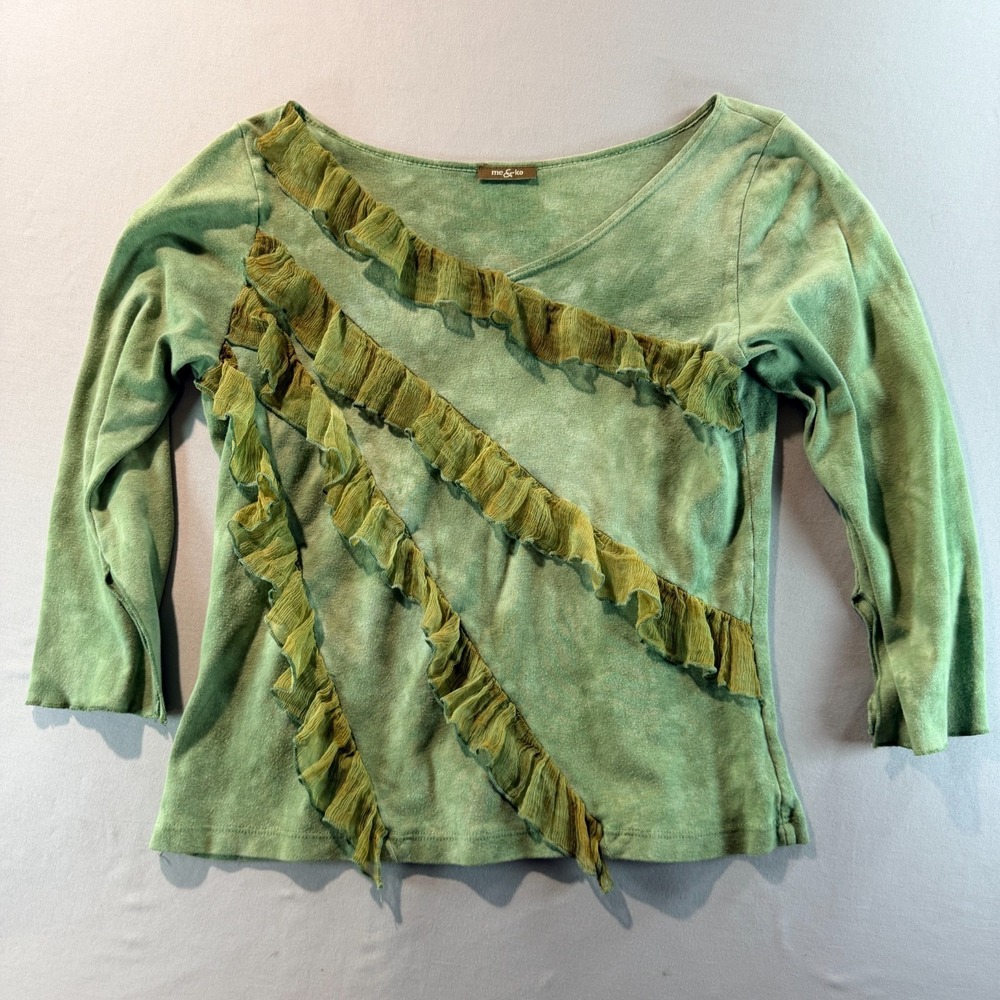 Me & Ko Womens Top Green Ruffle Sheer Trim 3/4‎ Sleeve Boho Y2K Size Large
